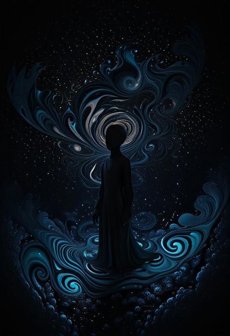A hauntingly immersive feeling of aetheric melancholy swirls in depths of a cosmic void, where shadows converge in a symphony of obsidian hues. The main subject is a mysterious figure shrouded in darkness, exuding an aura of profound sorrow and enigmatic allure. This digital painting evokes a sense of otherworldly beauty, rendered with intricate details and rich textures that seem almost palpable. The transcendent quality of the image transports viewers to a realm of profound introspection and mystery.