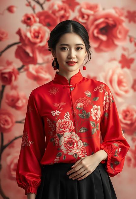 chinese red blouse, in the style of dreamy and romantic compositions, floral explosions