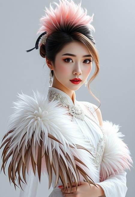 araffe woman in a white dress with a feathered shaw, fan bingbing, korean audrey hepburn, portrait of female korean idol, li bingbing, beautiful render of tang dynasty, female actress from korea, ice princess, pink crystal mohawk, portrait color glamour, anime barbie in white, korean women's fashion model, anime barbie doll, white hime cut hairstyle