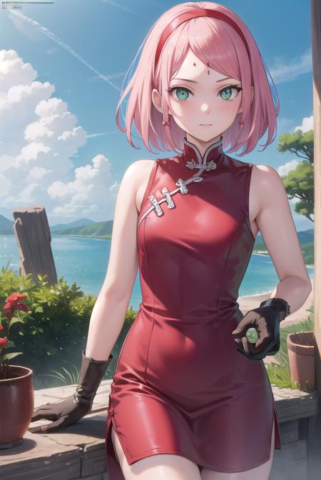 sakuraharuno, <lora:sakuraharunov3-lora-nochekaiser:1>,
sakura haruno, short hair, bangs, (green eyes:1.5), pink hair, hairband, facial mark, (forehead mark:1.2), red hairband, (swept bangs:1.5), (small breast:1.2),
BREAK chinese clothes, dress, (red dress:1.3), short skirt, black shorts, gloves, black gloves, sleeveless,
BREAK outdoors, forest, nature, sky, cloud, sun,
BREAK looking at viewer, (cowboy shot:1.5),
BREAK <lyco:GoodHands-beta2:1>, (masterpiece:1.2), best quality, high resolution, unity 8k wallpaper, (illustration:0.8), (beautiful detailed eyes:1.6), extremely detailed face, perfect lighting, extremely detailed CG, (perfect hands, perfect anatomy),