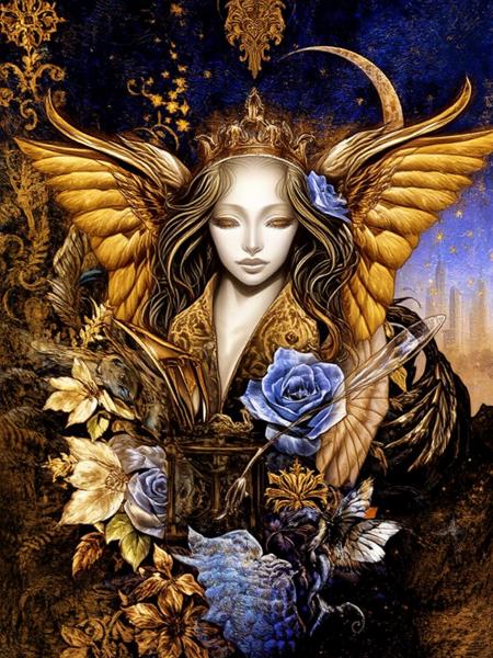 By Ayami Kojima. The image is a surreal and fantastical artwork that combines various elements of nature and mythology. The central figure is a winged woman with a serene expression, adorned with a crown and a flowing gown. She is surrounded by a variety of objects, including a blue rose, a butterfly, and a dragonfly. The background features a night sky with stars and a crescent moon, and a cityscape with tall buildings. The artwork is rich in detail and color, with a mix of gold and dark blue tones. The overall composition is intricate and complex, with a sense of movement and energy