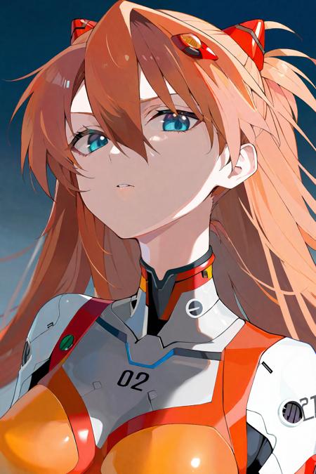 best quality, masterpiece, by yu2maru, 1girl, blue eyes, solo, long hair, souryuu asuka langley, looking at viewer, gradient background, gradient, orange hair, upper body, bangs, hair ornament, hair between eyes