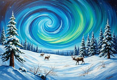Vincent's Winter Wonderland: A swirling vortex of celestial blues and greens envelops a snow-dusted forest, as reindeer graze serenely amidst frozen tree limbs and icy glades. The aurora borealis' vibrant hues dance across the canvas, casting an ethereal glow on frosted branches and frost-rimmed trees. Brushstrokes bold and expressive, textures rich and tactile, capturing winter's peaceful majesty under starry skies.
