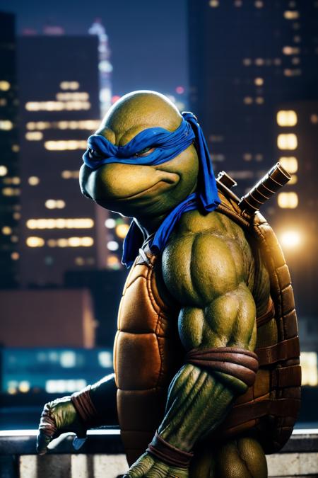 <lora:TMNTLeonardo-10:0.8>(RAW photo, real life, absurdres, high quality, photorealistic, detailed, realistic:1.3), (solo:1.3), illustration, a high resolution photo of a TMNTLeonardo, a teenage mutant ninja turtle with a blue bandana mask with eye-holes, on a city rooftop at night, city buildings and dark night sky in background, cinematic, atmospheric, 8k, realistic lighting, shot by Hassleblad H6D, Zeiss, Kodachrome, nikon, 50mm 1.2 lens, Octane Render, ultra realistic, realistic lighting, photorealistic, photorealism, photoreal, unreal engine 5, Adobe After FX, highly detailed, intricate detail