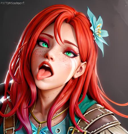 masterpiece, (photorealistic:1.4), best quality, beautiful lighting, RAW photo, 8k uhd,1 girl, colorful,windranger, first_style,1girl, solo, long hair, open mouth, hair ornament, gloves, green eyes, flower, red hair, tongue, black gloves, hair flower, tongue out, fingerless gloves, grey background, necklace, makeup, watermark, freckles, partially fingerless gloves, ahegao<lora:Windranger:0.6>