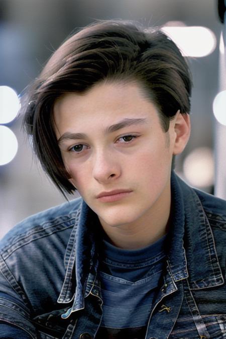 a young man, 20 years old, 19 years old, ((at a payphone)), black tee shirt, ((blue jean jacket)), 8k, raw, uhd, (midnight downtown), cinematic masterpiece, cinematic blue lighting, (close up:1.2) <lora:edwardFurlong:1>, perfect face, clear eyes