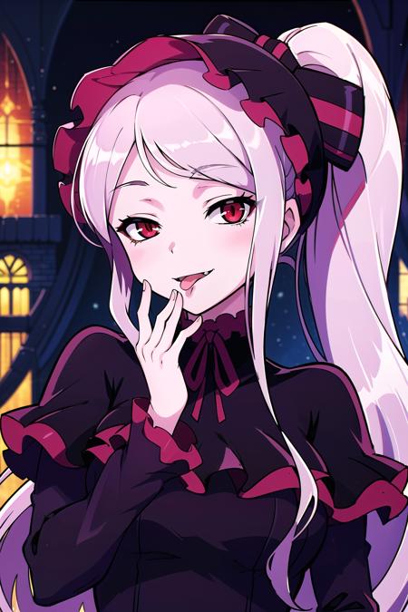 absurdres, highres, ultra detailed, <lora:ShalltearV3333-000023:0.7> shalltear, gray hair, red eyes, bonnet, hair bow, ponytail, black dress, long sleeves, red frills, smile, tongue out, upper body, half-closed eyes, hand to own mouth, (looking at viewer:1.2), castle