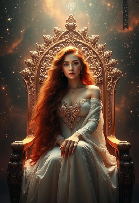 Stunning portrait of the beautiful Queen of the Cosmos, with Asian skin, sitting on an Ethereal Throne, ((Gorgeous Long Curly Red Hair:1.1) ), Use warm tones and soft lighting, galaxy background