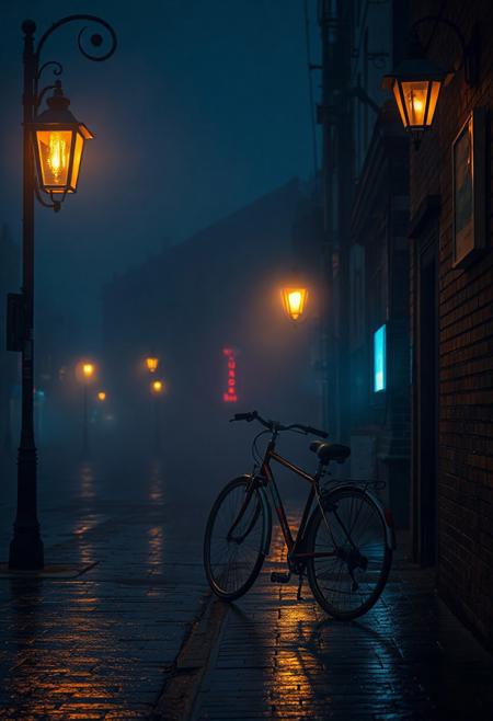 A nostalgic, misty 4K scene — deep blue tones wash over an empty street at dawn, soft fog curling around vintage street lamps, their golden glow diffused through the haze. Raindrops linger on cobblestones, reflecting faint neon signs. A lone bicycle rests against a worn brick wall, memories echo in silence. Cinematic, emotional, deeply atmospheric — One Heart style, ultra-detailed, moody composition, soft lighting, depth of field, 4K.
