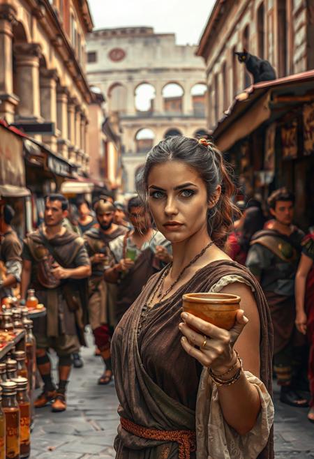 Setting is a 1st century Roman Empire market in Rome, the market is comprised of street vendors selling, food, weapons, and clothing. Everyone and everything in the image is appropriate for a scene from Ancient Rome, People wearing Roman clothing are walking through the crowded chaotic street market shopping and eating, in the foreground is a merchant selling beverages and food at a market kiosk, (((a beautiful woman, 24 years old is standing in the foreground, the woman  facing the viewer with a clay goblet of wine in her hand. Her eyes are beautiful and focused on the viewer, she has an expression of interested curiosity))), Roman Soldiers are walking behind the beautiful woman, one of the solders turns to look at the beautiful woman, many people are walking by in the busy street market, the woman is dressed in high fashion Roman Empire clothing with an alluringly sexual, but traditional roman aesthetic. The woman's hair is elegantly tied up with a ribbon. Artistic ancient Roman aesthetic, dynamic perspective, (((overall architectural aesthetic is Ancient Rome in 1st Century Roman Empire era))).  Epic image that elicits a feeling of wonder and awe, Rome Coliseum Roman Forum architecture in background, a sleek black cat is visible sitting on a kiosk roof in the background,