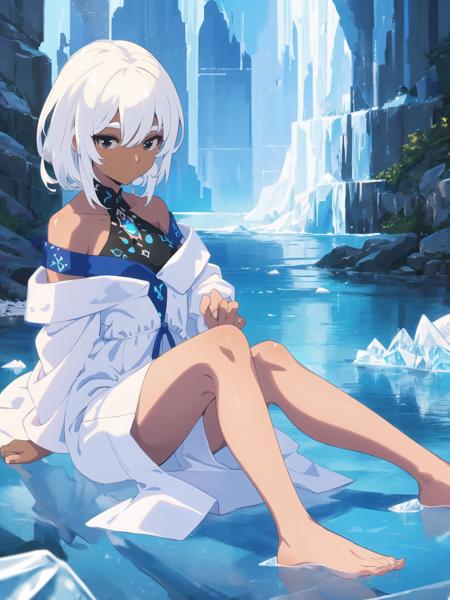 (masterpiece_1.2, best quality),ð,
//,
beautiful detailed glow,detailed ice,beautiful detailed water,((masterpiece)),(((best quality))),((ultra-detailed)),((illustration)),solo,girl,Dark skin,black eyes,white hair,disheveled hair,Loose hair,White glossy loose long hair,White off shoulder dress,barefoot,