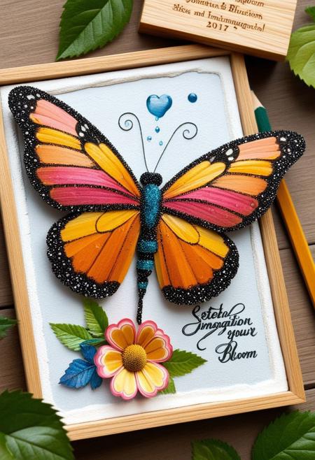 Hovering gently in a blossom’s heart, a butterfly entirely formed from tiny, glossy pencil shavings sips from a warm puddle of ink nestled inside a flower. Its wings are delicate layers of curled graphite sketches on tracing paper, semi-transparent, edged with jagged strokes of golden wood grain and fluttering in the sunlight like animated illustrations. Each leg ends in a drop of shimmering pencil lead dust, and its antennae curl like whimsical eraser smudges. Twisting ribbons of coiled shavings wrap around the bloom, while nearby leaves glisten with droplets of watercolor and pastel pigment. A small wooden sign hangs above the flower, engraved with: “Sketch & Bloom – Pollinate Your Imagination.”