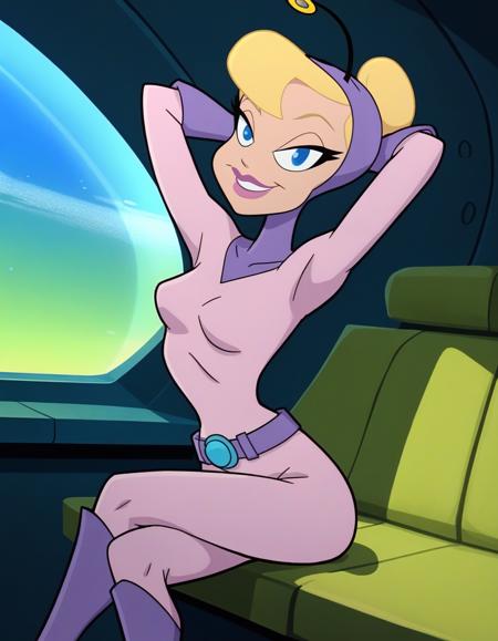 xnewcadetx, blonde hair, hair bun, blue eyes, makeup, lipstick bodysuit, covered head, antennae, gloves, belt, high heel boots