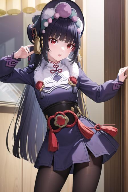 yunjin, <lora:yunjin-lora-nochekaiser:1>,
yun jin, black hair, blunt bangs, braid, eyeshadow, long hair, makeup, purple hair, (red eyes:1.5), red eyeshadow, (small breasts:1.2), <lora:surprised_v100:1>, <lora:talkmouth_U_v100:1>, open mouth,
BREAK black footwear, boots, chinese clothes, fur trim, hat, knee boots, long sleeves, pantyhose, pom pom (clothes), purple pantyhose,
BREAK indoors, theater,
BREAK looking at viewer, (cowboy shot:1.5), upper body,
BREAK <lyco:GoodHands-beta2:1>, (masterpiece:1.2), best quality, high resolution, unity 8k wallpaper, (illustration:0.8), (beautiful detailed eyes:1.6), extremely detailed face, perfect lighting, extremely detailed CG, (perfect hands, perfect anatomy),