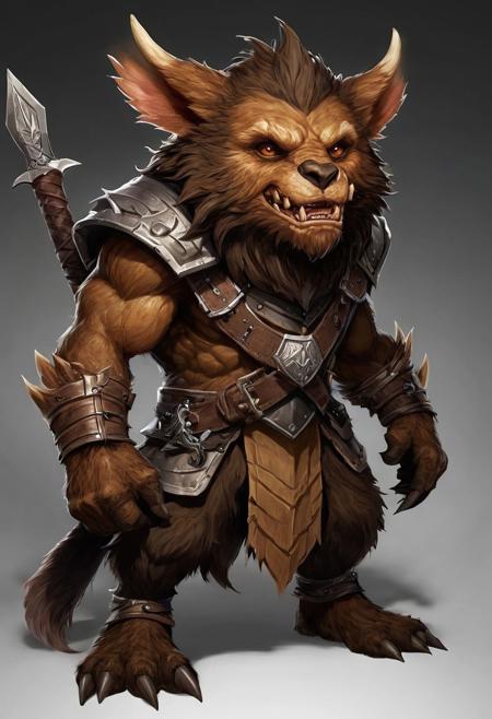 create an image of a young adult bugbear (from dnd 5e) with dark ruddy brown fur covering most of his body of light tan skin. His facial features are very angular, 
sharp, 
and goblin-like and can be very intimidating despite his efforts in smiling to appear otherwise. Incredibly strong build with disproportionately long arms. Wearing steel splint armor and wielding an adamantine glaive. Background fiery forest