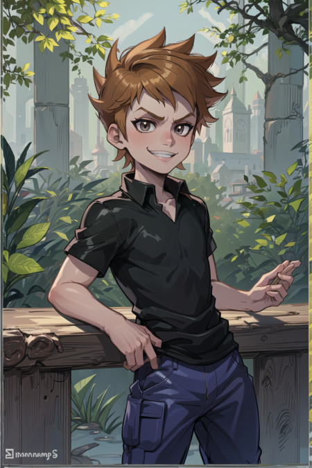 masterpiece, best quality, <lora:BlueLora:0.7>, blue \(pokemon\), (AS-Younger:1.3), smile, black shirt, blue pants, teeth, town, forest, smug, smirk, 1boy, solo,