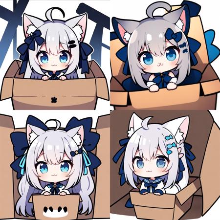 1girl, in container, animal ears, tail, in box, cardboard box, solo, box, blue eyes, ahoge, cat ears, chibi, cat tail, white background, ribbon, :3, hair ornament, hair ribbon, grey hair, black ribbon, cat girl