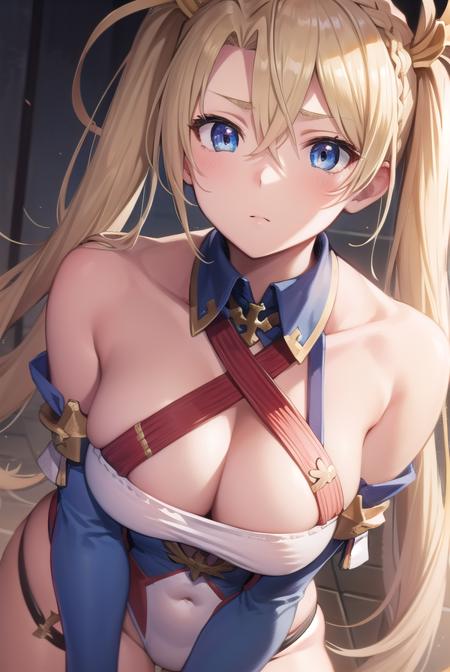 bradamante, blonde hair, blue eyes, braid, french braid, long hair, twintails, two side up, covered navel, elbow gloves, gloves, leotard, thigh strap,