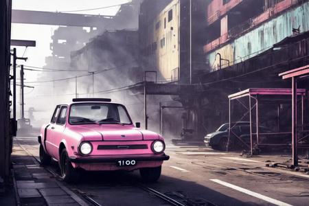 Cyberpunk industrial site Cyberpunk sports car. cyberpunk factories. cyberpunk kowloon.ZAZ968, rail lines. cyberpunk industrial zone. digital rendering digital painting. beep noah bradley. Cyril Roland. ro trans. trending on artstation. big car, neon light, pink light
<lora:ZAZ968:.8>