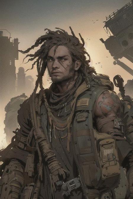 Midjourney aesthetics, 2d artwork, <lora:Scavengers:0.5>, upper body, a man on  watelands,  dreadlocks, dust, post apocalytic aesthetics, rusted heavy machinery on the background,  artistic approach,