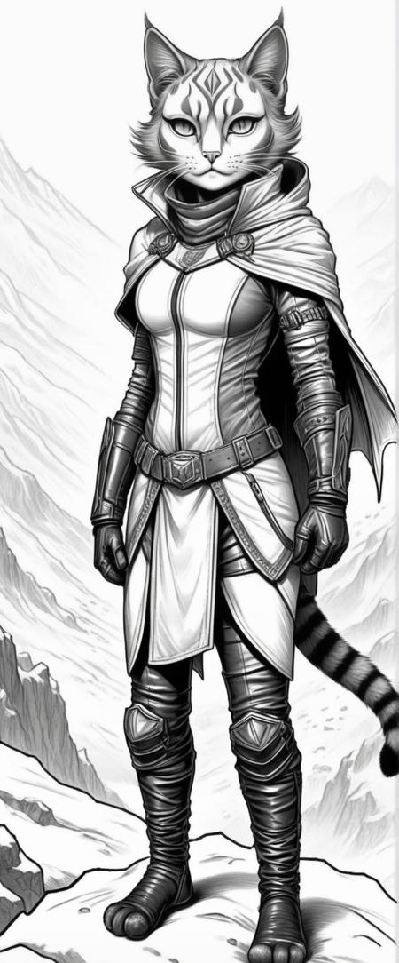 <lora:ColoringBookRedmond-ColoringBook-ColoringBookAF:1.0> (ColoringBookAF, Coloring Book, outlined pen drawing, black and white outline:1.3), [:(23-year-old Elemental Summonercore (anthropomorphic Andean Mountain Cat:1.4) wearing(Leather wrist gauntlet with metal accents):2], [(tense standoff on a narrow mountain pass during a blizzard, with visibility limited and the risk of avalanches:1.3)], anime, ColoringBookAF