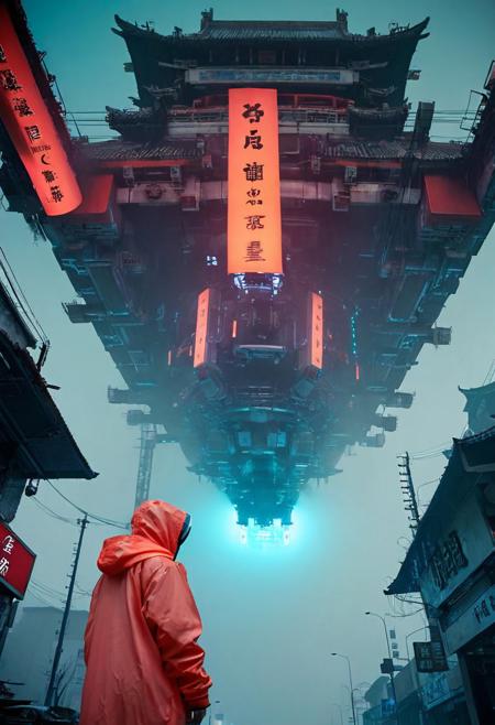 A dystopian scene depicts a colossal floating mechanical structure hovering above a solitary figure. The structure, a complex assembly of metallic components, screens, and technological devices, dominates the upper portion of the frame. Below, a person wearing a bright coral-colored hooded jacket stands on a wet street. The background reveals a Chinese cityscape shrouded in fog, with illuminated Chinese characters visible on storefronts. The entire scene is bathed in cyan-tinted lighting, creating sharp contrast against the coral elements. The mechanical structure casts long shadows through the mist onto the urban landscape below. Wide-angle photography with low-angle perspective and diffused lighting creates depth in a moody, atmospheric urban scene.