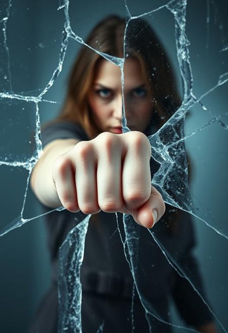 surreal art, an angry woman dramatically punches through a cracked ice curtain that covers the screen and separates her from the viewer. her faded figure facing the viewer and looking over her fist is obscured by the solid ice sheet. all that is visible is a close-up of her extended left arm and her fist breaking the ice apart with a thundering blow leaving behind motion trails. the entire image is covered in a thin sheet of ice except the area around the woman's fist. her knuckles appear bruised due to the impact  <lora:Dever_Flux_Enhancer:0.5>