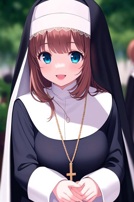 (masterpiece, best quality), highly detailed background, perfect lightingbest quality, yuukinae, solo, outdoors, nun, veil, brown hair, long hair, blue eyes, necklace, jewelry, black dress, smile, open mouth, :d, pink lips, <lora:Yuuki-Nae:0.7>