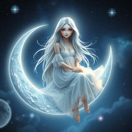 "A mystical girl embodying the soft, intuitive, and emotional energy of the Moon, sitting on a silver-lit crescent moon floating in the cosmic sky. Her long, flowing hair shimmers like moonlight, and her gentle eyes radiate wisdom and serenity. She wears a delicate, flowing white and silver dress, glowing softly under the celestial glow. The atmosphere around her is dreamy, filled with floating stars and nebulae. She is deeply connected to intuition, emotions, and the mysteries of the universe, embodying divine feminine energy."