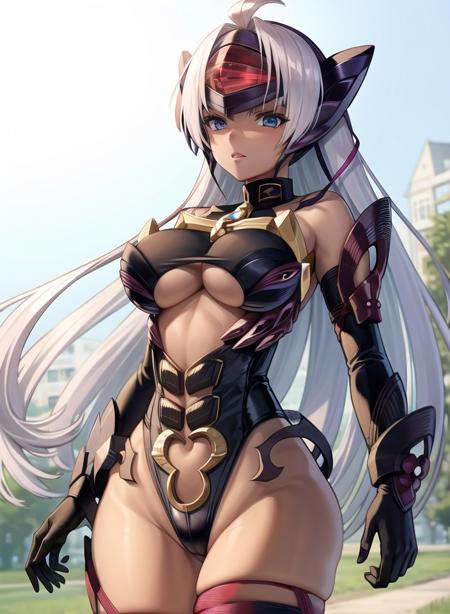 1girl,masterclass,best quality, outdoors, armor, armpits, bare_shoulders, black_thighhighs, cleavage, elbow_gloves,  gloves, headgear,  navel, thigh_strap, thighhighs,underboob,  bodysuit, TElosXenosaga    <lora:T-ElosV2D8_e6:1>