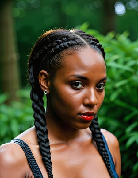 RAW full body analogue photo of a beautiful 25 years old woman, clear focus, high resolution image, Beautiful dark skin African woman, <lora:Ayana_Lela_African_Woman:0.8>, ,wearing Street Goth, (pigtail-plait-hair:1.6),,low light, soft natural light, Rembrandt style light, Hasselblad DLSR camera, 200mm Zeiss lens, f/2.8, ,Sexy pose, erotic pose, exhibitionism, ,Countryside inn