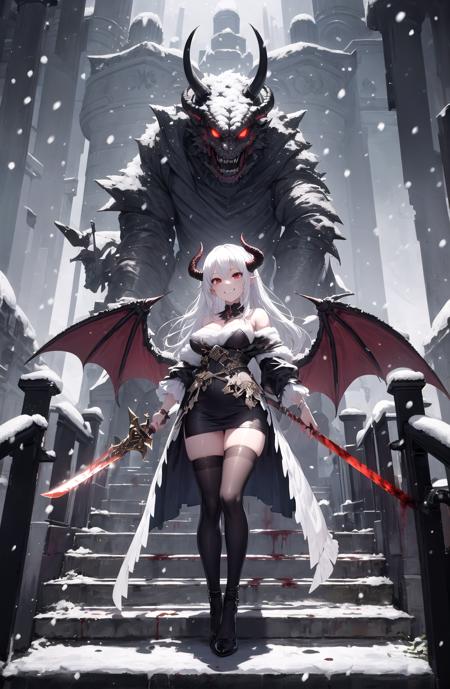 masterpiece, best quality, 1girl, full body, looking at viewer, dragon girl, snow, wings, horns, holding sword, evil grin, snowing, red eyes, white hair, stairs, blood,