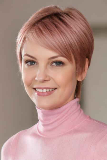 Photo of br33d4n13ls woman, detailed face smiling, pink turtleneck blouse