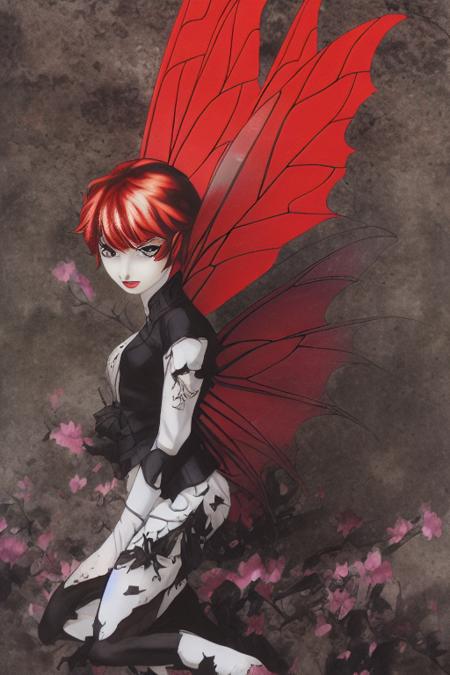 detailed face ,a red pixie_\(fairy\) face on a magazine cover with the title , pixie_\(fairy\)  written in black and the image of one pixie_\(fairy\) , a poster, naturalism,kazuma_kaneko,full_body,long hair