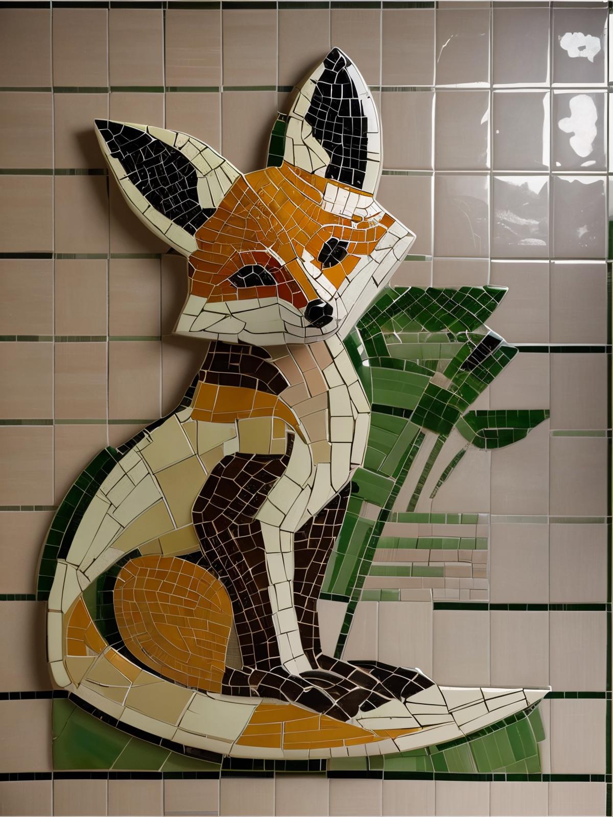 A fox made out of tiles on a wall.