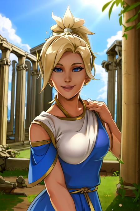 portrait, waist up, mercy, high ponytail, toga, dress, greek goddess, greek ruins, looking at viewer, smile, sky, sunlight, best quality, <lora:mercy:0.6>,  <lora:hadesStyle_smal:0.8>