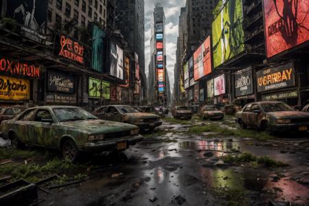 8k, realistic, vray, HDR,  6000K, new york, time square, overgrown, no human <lora:PostApocalyptic5-000007:0.6> SZ_4po enviroment