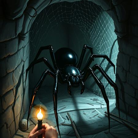She guides the torch toward the corner, revealing a web-laden alcove. Suddenly, her eyes widen as she witnesses a massive black spider, the size of a car, perched ominously, its glossy body glinting in the torchlight, with legs sprawling grotesquely across the ground.