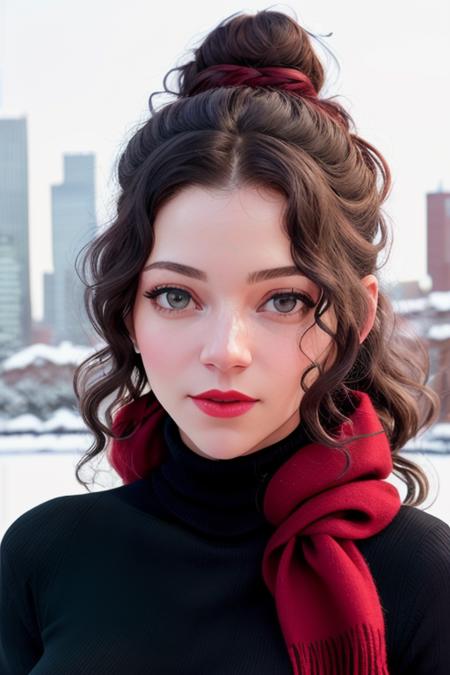 photo of a woman, bventi-1760:0.99, ((pale skin):1.1), ((beautiful black hair, hair up, hair in bun):1.1), ((turtleneck sweater, scarf):1.2), (eye contact, facing camera), ((closeup, portrait)),((outdoors, city, snow):1.2),((red lipstick, eyeliner, eye shadow, blush):1.2), ((best quality, masterpiece, extreme details, high resolution):1.2),((detailed eyes, beautiful eyes, detailed face, beautiful face):1.2)