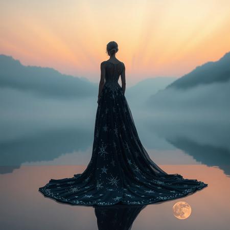 A cinematic full shot captures a woman standing at the edge of a glass-still mountain lake as twilight deepens. Ethereal, volumetric shafts of moonlight pierce through the rising mist, illuminating her breathtaking evening gown of cascading midnight silk. The gown is covered in intricate, starlit embroidery and delicate beading that creates shimmering reflections on the water's obsidian surface. The atmosphere is one of profound, magical tranquility, her perfect reflection a ghostly twin in the silent depths below.