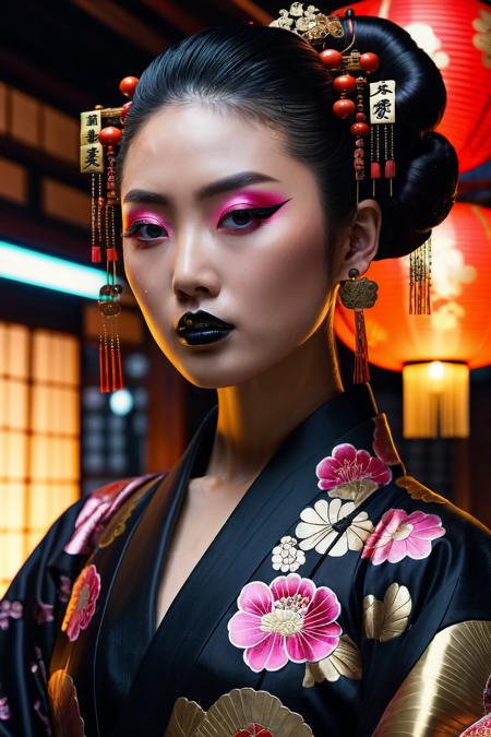 (8k, RAW photo, best quality, masterpiece:1.2), (realistic, photo realistic:1.3), UHD, high detail RAW color photo, extremely detailed CG unity 8k wallpaper, sharp focus, (realistic skin), perfect anatomy, (cinematic lighting), BREAK 1 Japanese girl, a Cyberpunk aesthetic geisha, (nouveau riche:1.5), (PCB traces on her neck and cheeks:1.3), (AS-YoungerV2:1.5), natural medium sized breasts, <lora:PerfectFullBreasts-fCV3.5:1.3>, smokey eyeshadow, matte black lipstick, forehead, hairline, hair slicked back, Geigi Shimada hairstyle, numerous electronic Kanzashi throughout her hair, (Futuristic Cyberwear accessories in her hair:1.5), wearing ornate black Kimono, widowed woman's kimono, numerous family crests on the kimono, <lora:add-detail-xl:1.5>, (photo background is a traditional Japanese teahouse with Cyberpunk elements:1.3), (Neo Tokyo:2), post industrial setting, heavy late-stage capitalism vibes, <lora:Background Detail Enhanced_Si_v3.0:1.4>