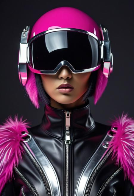 The image is a photograph showcasing a person with a striking, avant-garde appearance. The subject is wearing an eye-catching outfit and accessories. The person has a vibrant, bold, and modern style. They have a short, blunt, vivid purple bob haircut that frames their face. Their skin is a light, smooth complexion, and they are adorned with a neon green visor that covers their eyes, creating a futuristic look. This photograph features a young Asian woman with a slender build and long, straight black hair. She is dressed in a bold, futuristic outfit that combines elements of punk and avant-garde fashion. She wears a cropped, black leather jacket with a shiny, high-gloss finish, adorned with silver zippers and a large, ornate buckle on the collar. The jacket's sleeves are adorned with fluffy, bright pink faux fur that extends to her wrists, creating a striking contrast with the black leather. The image is a high-resolution photograph featuring a striking, futuristic, and avant-garde fashion model. The model is dressed in an elaborate, high-tech suit that resembles a combination of armor and futuristic space gear. The suit is primarily white with metallic accents, featuring large, shiny, silver, and purple spherical elements that cover the upper body and legs, giving it a robotic or alien appearance.
