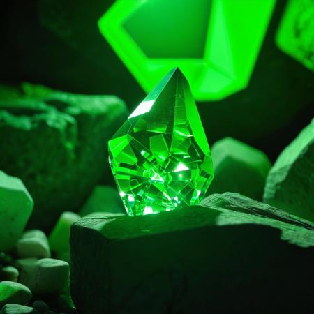 a close up of a green crystal on a pile of rocks, blaster fire bright as neon, desktopography, in an underground laboratory, all inside an enormous cavern, radiant backlighting, many large green windows, jewel, scepter, reactor, crystal cubism, rock
