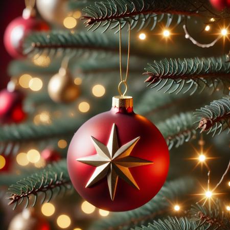very realistic close-up photograph of a  red Christmas sphere with a golden polar star on it hanging in a Christmas tree branch