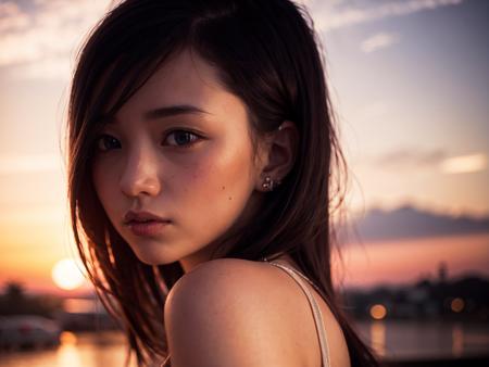 (best quality, masterpiece:1.2),ultra detailed,(photo realistic:1.4),20yo,solo,cute girl,sunset_scenery_background, <lora:SunsetScenery_v1:0.6>,