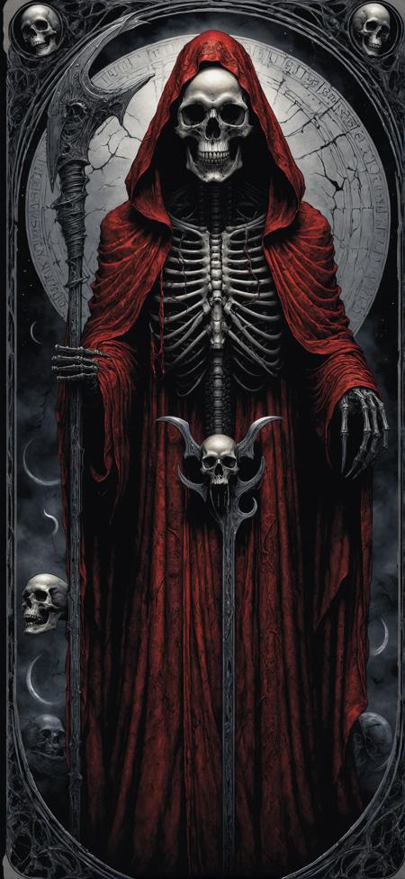 A beautifully illustrated intricately detailed mystical tarot card representing The Death from the Major Arcana,in the style of H. R. Giger
skull,scythe,hood,robe,darkness,red blood,
Transformation,endings,beginnings,change,rebirth,release,transition,renewal,letting go,mortality,regeneration.,