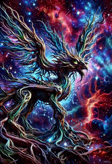Ever Growing Connections, vibrant colors, vivid colors, creature made out of morph-treeroots, luminescent, large eyes, sharp teeth, wings, dramatic, galaxy fantasy colors, Masterpiece, best quality, amazing quality, volumetric lighting, SFW, exquisite detail, digital art, highly detailed, beautiful, surreal,