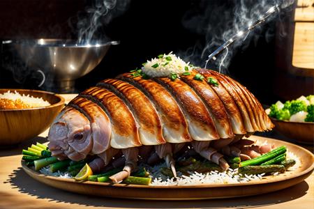 Capture the mouth-watering scene of a bowl of pork cutlet rice. The dish should be hyper-realistic, with a high level of detail and resolution. The pork cutlet should be the central focus, its golden-brown crust contrasting with the white rice. The lighting should be warm and inviting, casting soft shadows and highlighting the textures of the food. The colors should be rich and appetizing, with the golden browns of the pork cutlet, the white of the rice, and the vibrant greens of the accompanying vegetables. The composition should be a close-up shot of the bowl, capturing the textures and colors of the food in sharp detail. Use a high-quality camera with a fast shutter speed to capture the moment, BestQuality / (extremely detailed CG unity 8k wallpaper), best quality, masterpiece , hdr, best quality, ultra highres