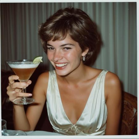 LaunaWhite short hair, pixie haircut, candid photo, drunk, downblouse, laughing, holding cocktail, film grain, traditional media, blurry, face, (polaroid), 1970's hairdo, cleavage:1.9, formal hairstyle, flirty, parted lips, (looking at viewer), (shiny brown hair)