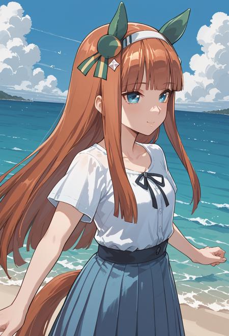 UMASS,horse ears,ear covers,blunt bangs,long hair,orange hair,hair ornament,hairband,blue eyes,horse tail R4CE CASUA7,short sleeves,collarless shirt swimsuit